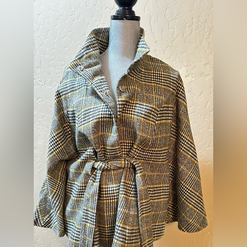 New York & Company Brown Plaid Belted Cape/Poncho (Sz M)